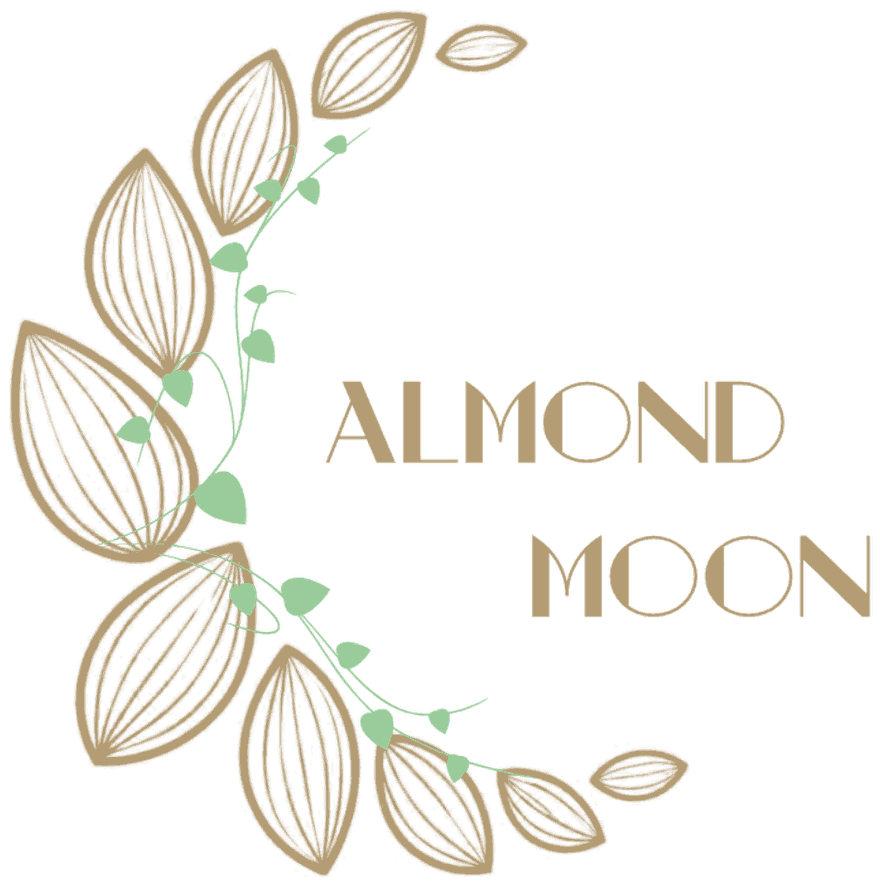 Almond Moon logo: a crescent moon made of almonds with a green vine